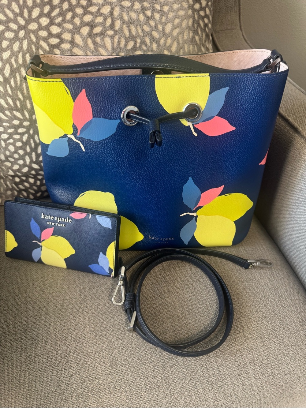 Kate Spade Lemon Print Bucket Bag + Matching Wallet